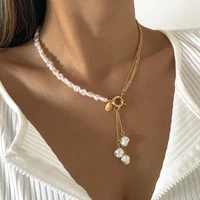 punk imitation pearl tassel pendants asymmetrical necklace for women baroque pearls mix and match thin metal chains new jewelry