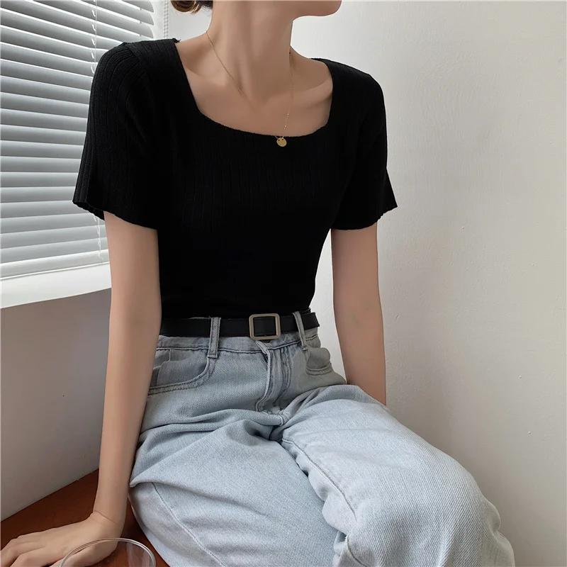 

women knitted T-shirt slim short sleeve summer female tops