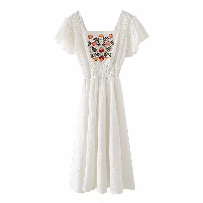

embroidery white long dress women square collar ruffled short sleeve summer white dress a line cute dress vestidos mujer