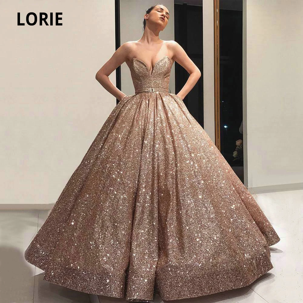 LORIE Glittery Champagne Evening Dresses Long 2021 V-neck Back Lace-up Sequin fluffy Ball Gown Formal Prom Party Dresses Arabic (0)