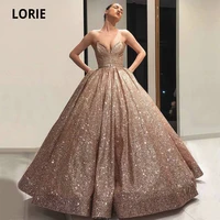 lorie glittery champagne evening dresses long 2021 v neck back lace up sequin fluffy ball gown formal prom party dresses arabic
