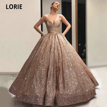 LORIE Vestidos de Noche champán brillantes, largos, cuello en V, espalda con cordones, esponjosos, para baile Formal, fiesta de graduación, árabe, 2021 (2)