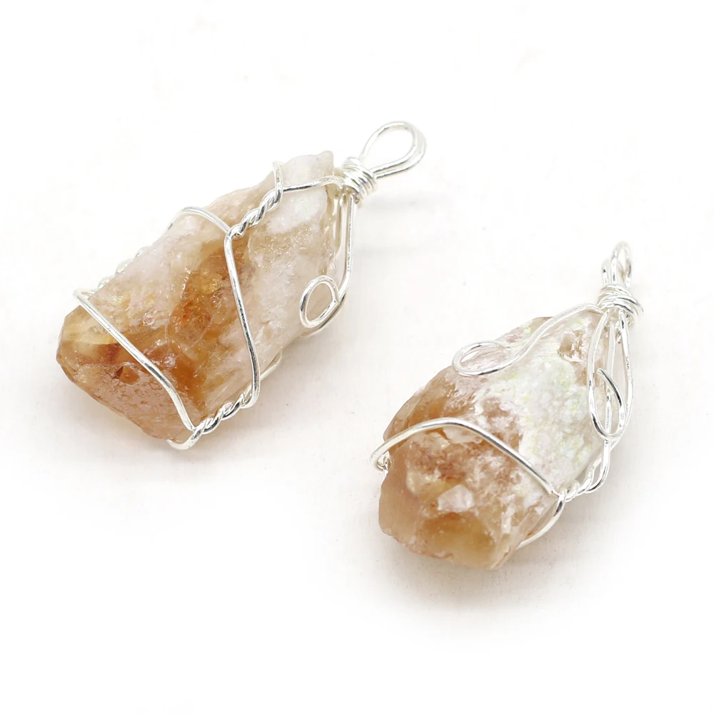 

New Natural Stone Pendant Yellow Crystal Buds Wrapped Around Silver Wire Pendant for Jewelry Making DIY Necklaces Accessories