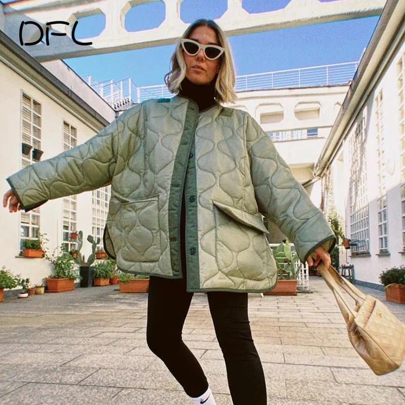 

DFLlifes Fashion Loose Long Sleeve Pockets Coat Breasted Green Waffle Split Fork Oversize BFstyle Jackes Winter Women Parkas New