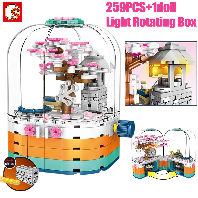 Конструктор SEMBO Вишневое цветение вращающаяся коробка с LED светильник кой |