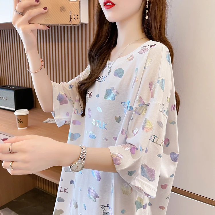 

Women's Cotton Summer Casual Design Minority All-Match Korean-Style Mid-Length Gilding Colorful Short-Sleeved T-shirt