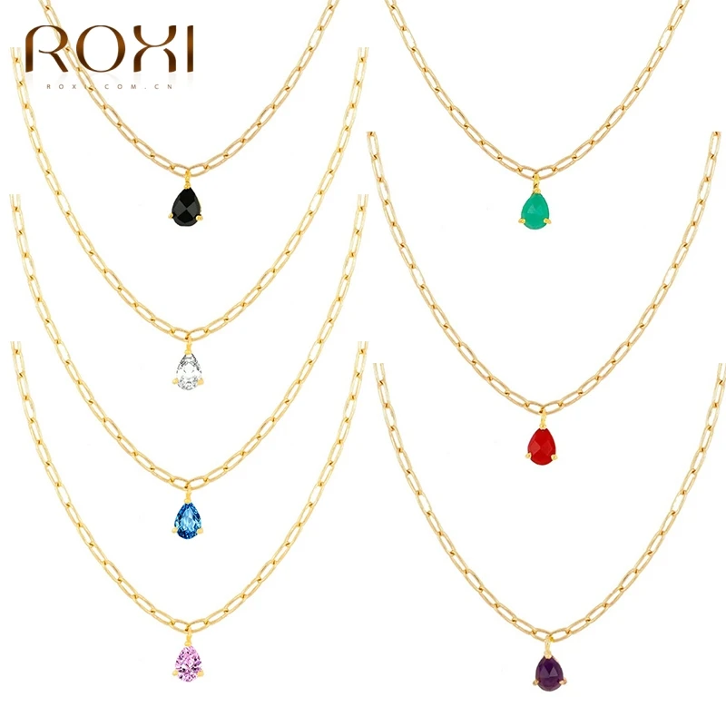 

ROXI Colorful Teardrop Zircon Crystals Pendant Necklaces for Women Elegant Jewelry 925 Sterling Silver Gold Clavicle Necklace