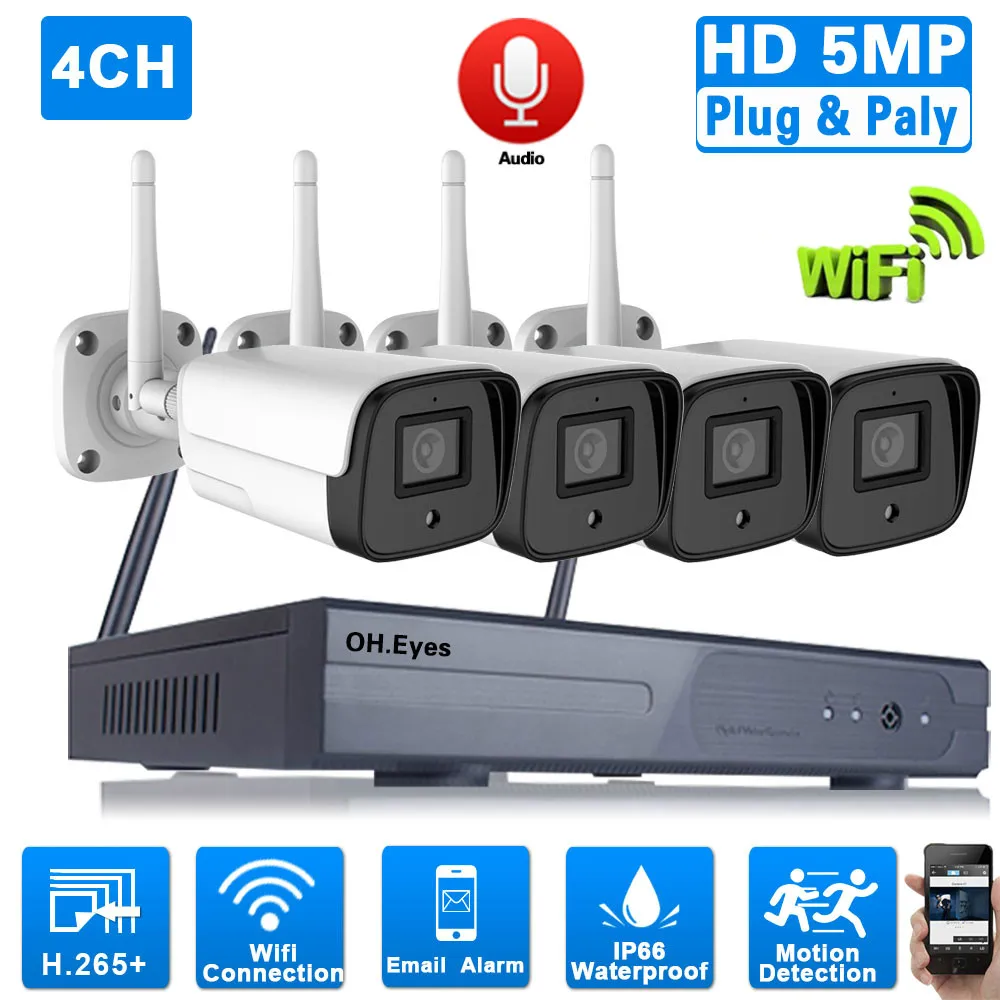 

Система видеонаблюдения H.265, 4-канальная Беспроводная IP-камера 5 Мп, 4 канала, Wi-Fi, комплект NVR, наружная система видеонаблюдения с Wi-Fi