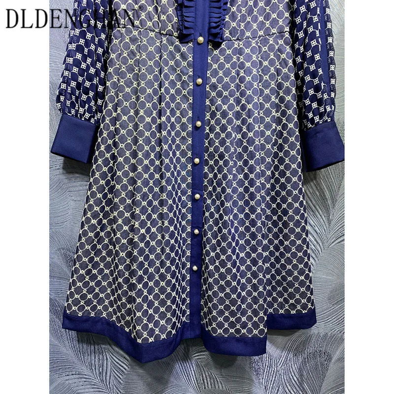 

DLDENGHAN Fashion Geometric Embroidery Dress WomenLong sleeve Pearl Button Turn-Down Collar Vintage Dresses Designer Autumn New