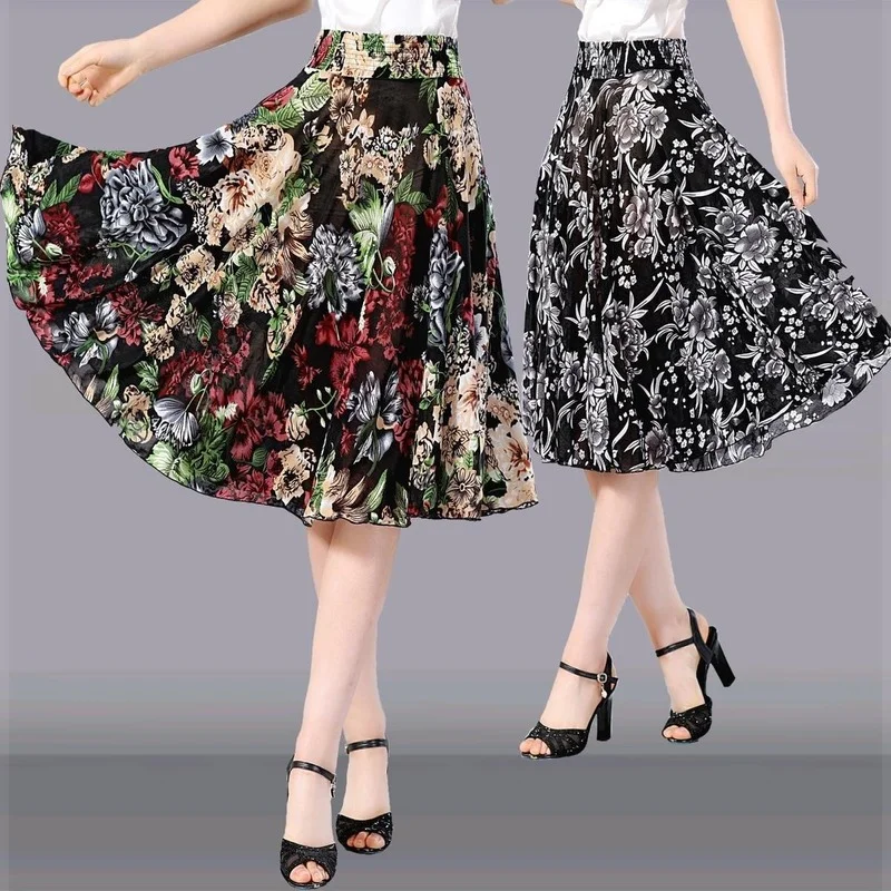

Women Skirts High Waist Floral Flower Print Casual Loose Midi Skirt Ladies 2021 Summer Korean Holiday Beach Jupe Longue Y793