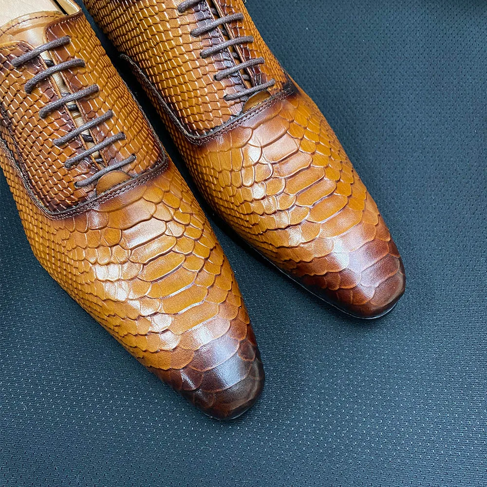 Men Genuine Leather Oxford Shoes Brown Black Business Dress Suit High Quality Snake Print Lace Up Wedding Mens | Обувь