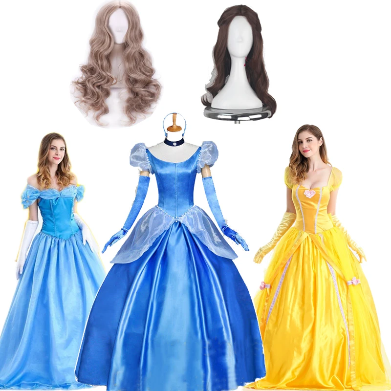 

Deluxe Adult Cinderella Costume Women Fancy Dress Ball Gown Halloween Princess Dresses Carnival Party Role Play Prop Wig