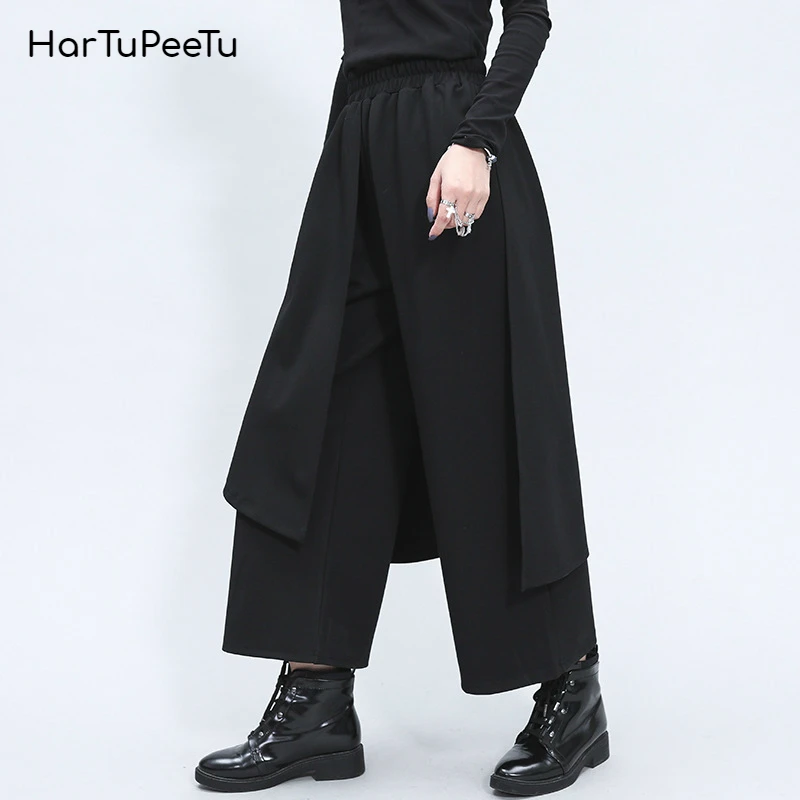 Имитация двух частей ассиметричные эластичные талии свободные широкие брюки