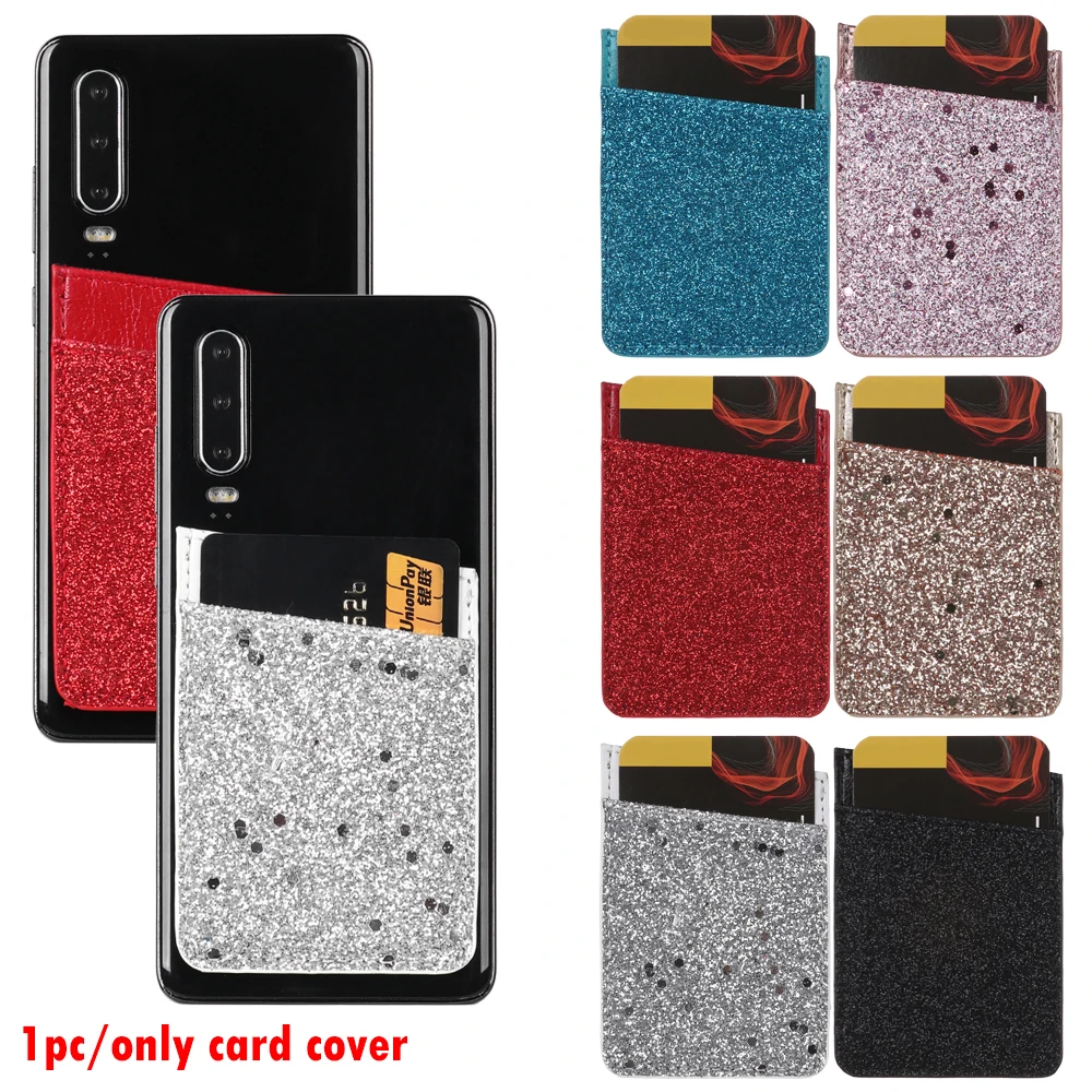 1PC PU Leather Sequins Cell phone Pocket Credit Card Holder For Phone Card Holder Sticker Adhesive Pouch Wallet Case