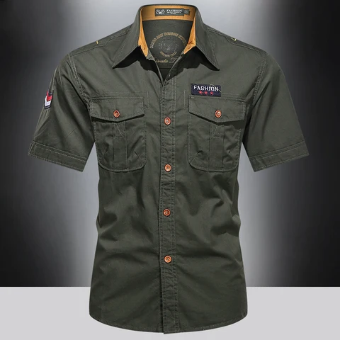 Новая мужская Повседневная рубашка с коротким рукавом из чистого хлопка, Мужская Однотонная рубашка большого размера в стиле милитари, Мужская одежда, рубашка 5XL AF168