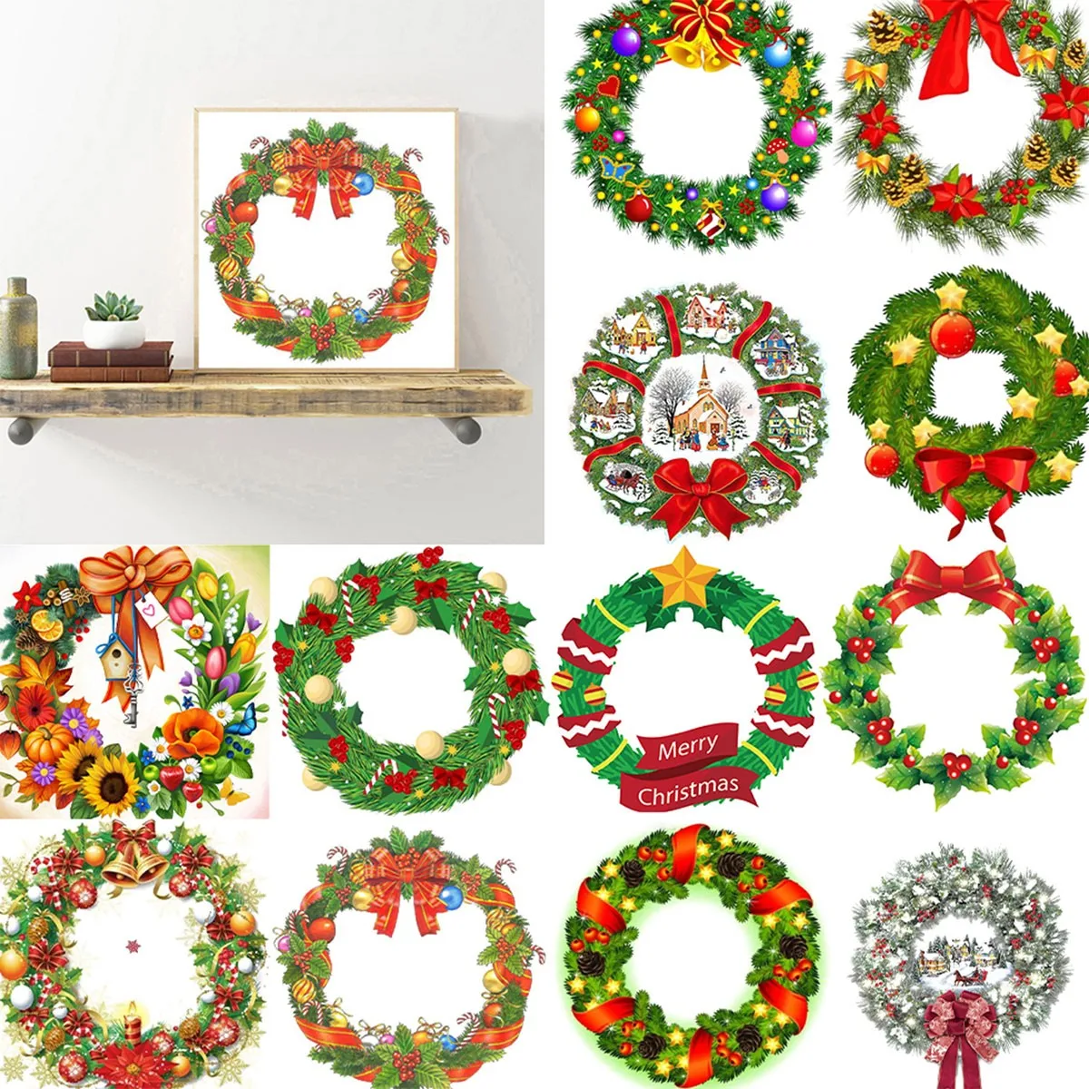 

5D DIY Spot Drill Diamond Christmas Crystal Wreath Kits Mosaic Art Craft Rhinestone Drawing Garland Door Wall Hanging Decoration