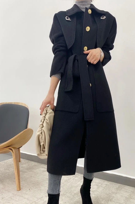 

H Aima's same water wave cashmere coat high end double faced suit two piece autumn and winter woolen coat