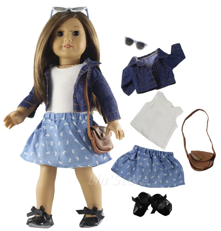 

6 PCS Set Doll Clothes Outfit Coat+vest+skirt+bag+glasses+shoes for 18 inch American Doll Many Style for Choice A11