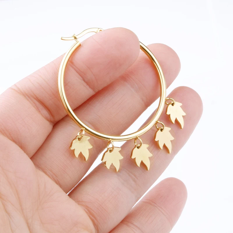 

Hgflyxu Gold Color Stainless Steel Hoop Earring Hanging Leaf For Women Ear Jewelry High Quality Birthday Gifts NEW