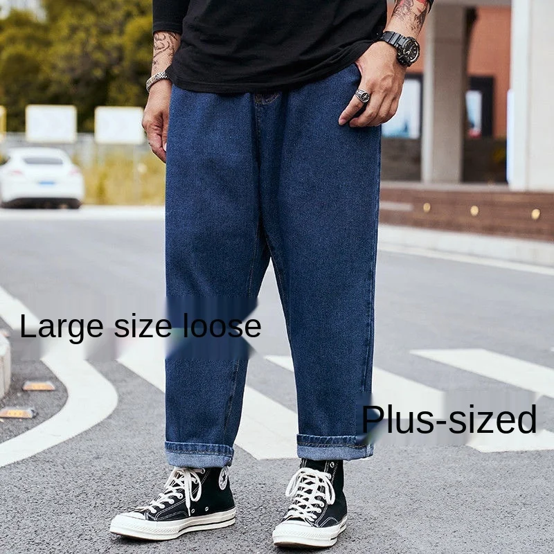 

Spring and summer 2021 high end jeans men's pants fatten up loose wide leg pants men's Capris fat man big pants