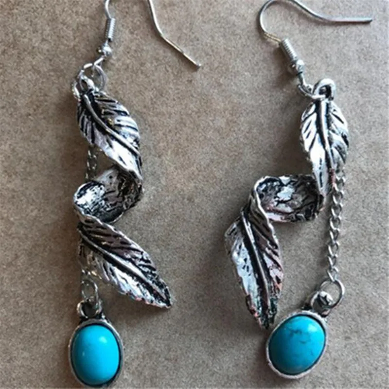 синие серьги бирюза серебро с бирюзой камнями Ретро Boho Turquoises листья для женщин