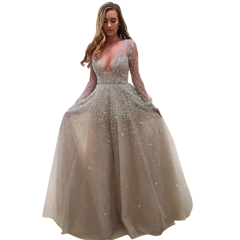 

WEPBEL Spring Summer Sexy Solid Color Stitching Mesh Dress Women's Elegant Sequined Long Sleeve V-neck High Waist Dress