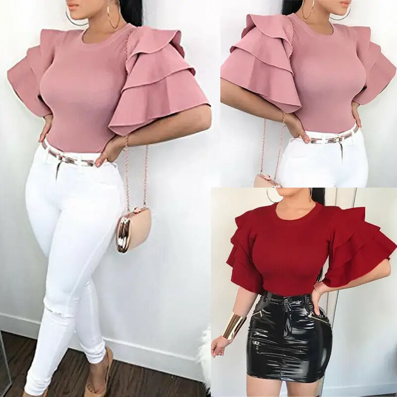 Повседневная футболка с оборками и круглым вырезом короткий рукав Новинка лета