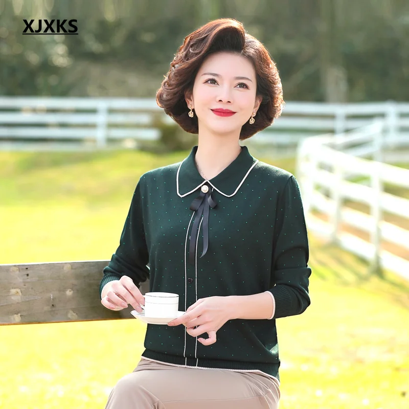 

XJXKS 2021 spring autumn new fashion lapel women thin sweater loose plus size casual wool knitted sweater women pullover