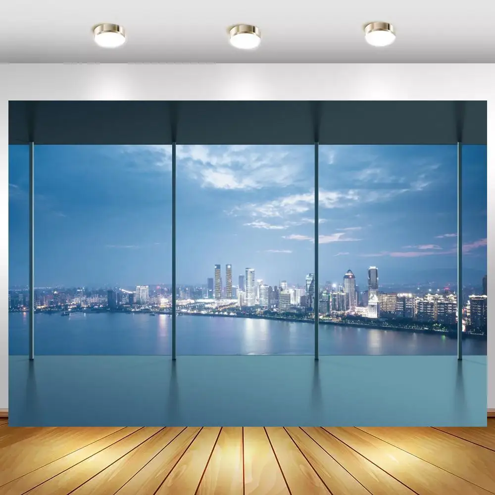 

Big French Windows Night City View Photo Backgrounds Lake Buildings Office Room Interior Scenic Photographic Backdrops