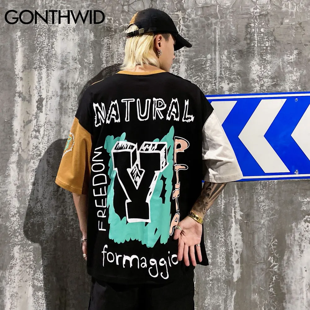 

GONTHWID Tshirts Streetwear Graffiti Print Color Block Patchwork T-Shirts Hip Hop Harajuku Casual Loose Short Sleeve Tees Tops