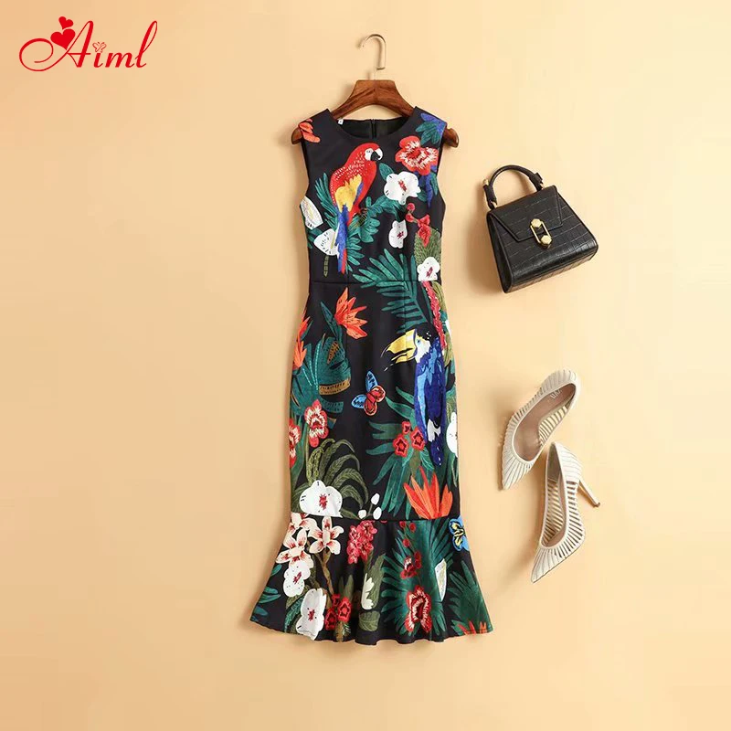 

Designer 2020 Runway Summer Party Dresses Mermaid Female Vintage Black Parrot Flower Print Vestdios Sleeveless Elegant Dress