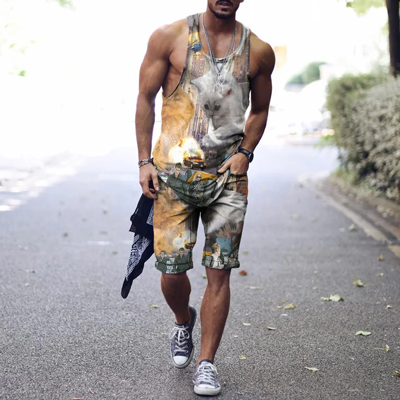 

Men's Suit Gym Fitness Clothes Quick-Drying Leisure Sports Outdoor 3D Printing Ferocious Lion Pattern Vest + Shorts 2-Piece Set