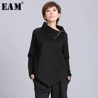 eam women black zipper irregular big size casual t shirt new turtleneck long sleeve fashion tide spring autumn 2021 oa882