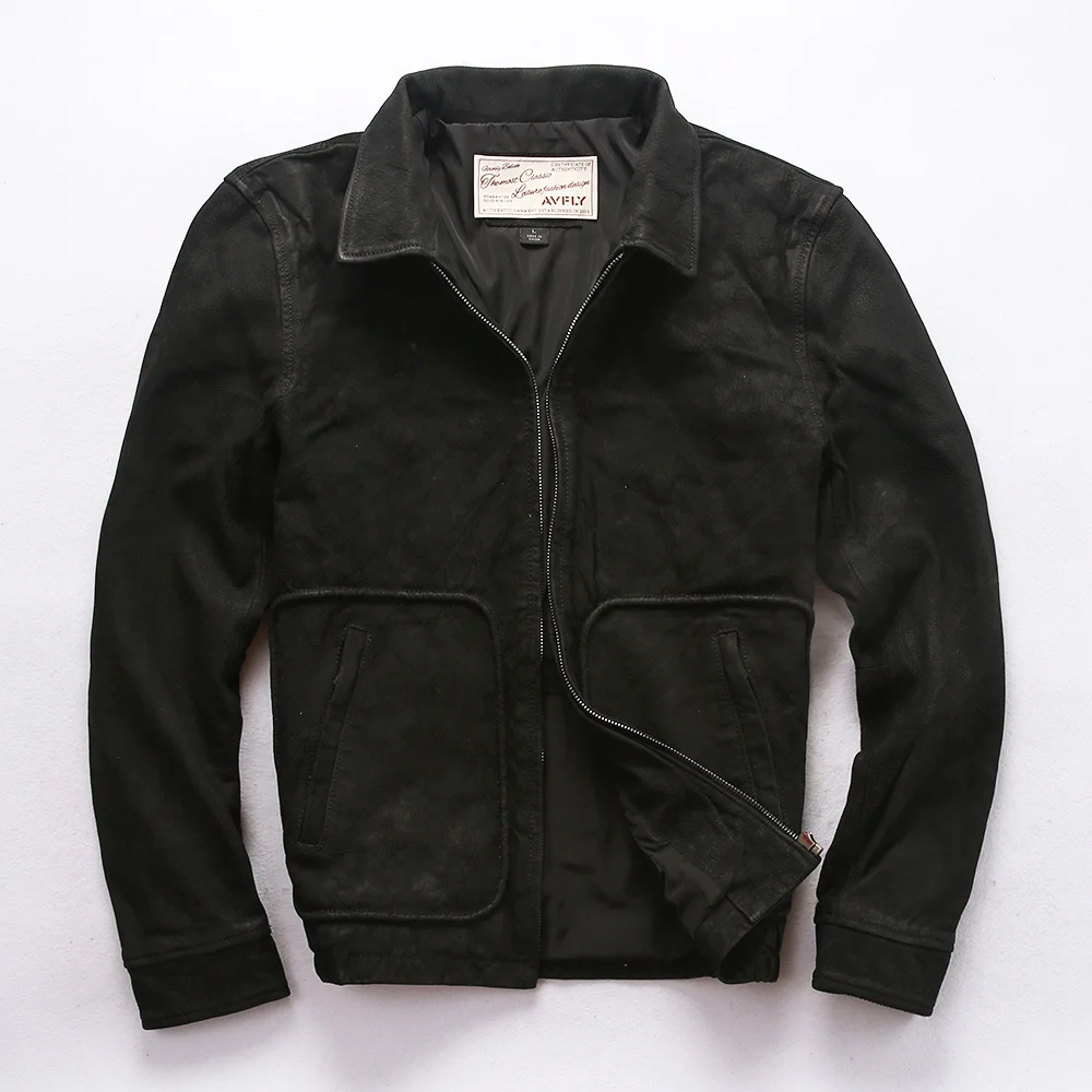 

Scrub Men's sheepskin real leather jacket Vintage do old casual leather coat men autumn black goat skin flight jacket male