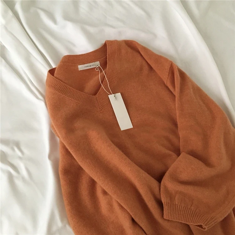 

ZCSMLL Korea Autumn and Winter Vestido Temperament Orange V-neck Loose Casual All-match Long-sleeved Knitted Sweater Dress Women