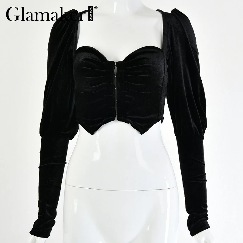 Черный Glamaker, велюровая, черная, пуш-ап, Сексуальная Блузка, рубашка, женская, летняя, с длинным рукавом, короткая блузка, винтажная, женская, с квадратным вырезом, короткий топ, рубашка - Цвет: Черный