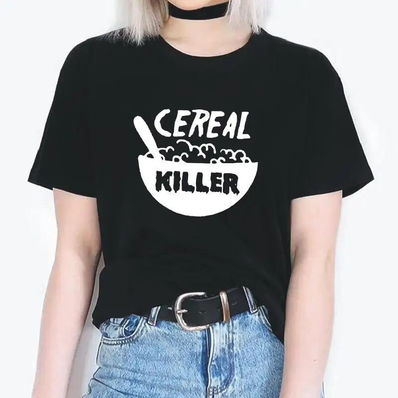 

Cereal Killer Funny Women T Shirt Hipster Short Sleeve Casual Tee Shirt Femme Breakfast Cereal Lover Tshirt Women Tops Plus Size