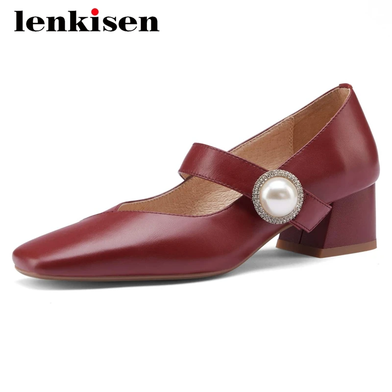 

Lenkisen new arrival full grain leather pearl high quality square toe thick med heel slip on pretty girls dating women pumps L40