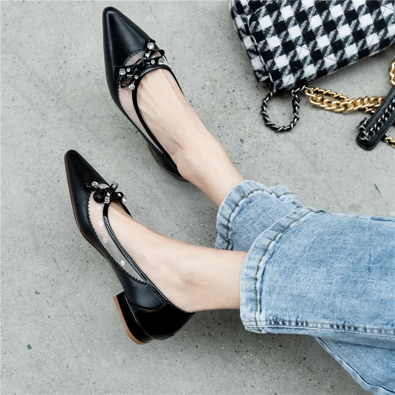 

FEDONAS New Elegant Women Cow Leather Shoes Mixed Colors Mesh Butterfly Knot Rhinestone Pointed Toe Low Heel Shallow Shoes Woman