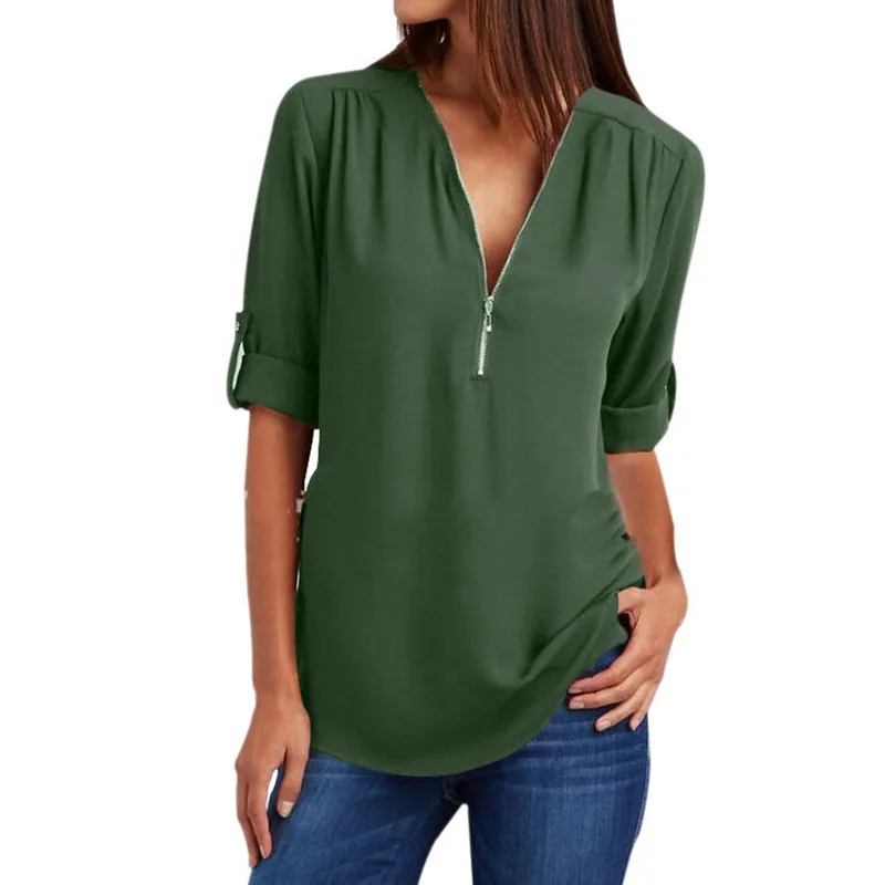 

Summer Women Chiffon Blouses Elegant V Neck Roll Up Long Sleeve Zipper Tunic Tops Casual Loose Blue Shirts Female 5XL Plus Size