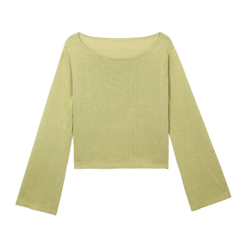 Slash Neck Crop Knitted Tops Women Bell Sleeve Autumn Sweater Pullover Boat Loose Fall | Женская одежда
