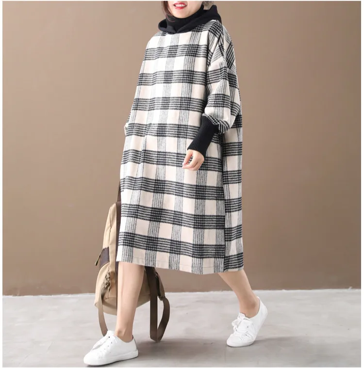 Max LuLu Winter Luxury Korean Ladies Plaid Streetwear Women Vintage Long Hooded Dresses Casual Turtleneck Clothes Plus Size