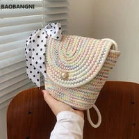 straw weave design shoulder bags for women bucket pearl button fashion handbags summer scarf bow crossbody bag
