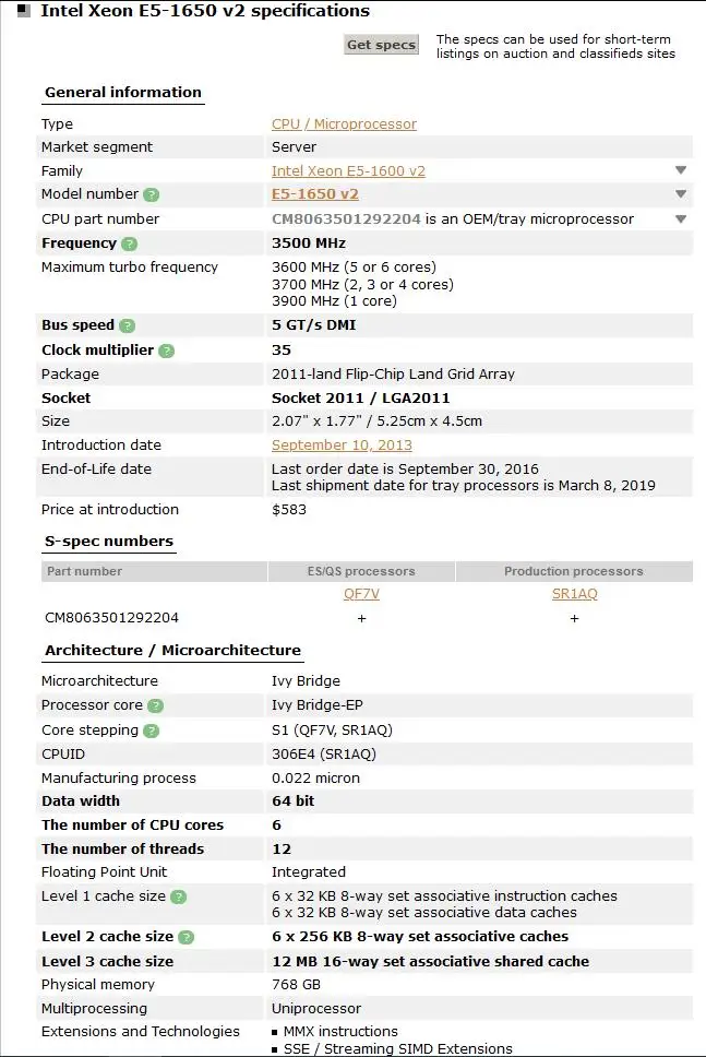 

Xeon E5-1650 V2 6-Core Processor 130W 5GT/s 12threads LGA 2011 CPU DDR3 768GB CPU 100% normal work
