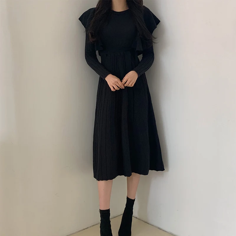 

Ruffle Sashes Knit Women's Sweater Dress Pleated Long Sleeve Solid O-neck Elegant Female Midi Dresses 2020 New Winter Autumn