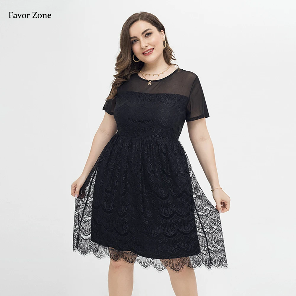 

Women's Elegant Large Size Lace Dress Solid Black O-neck Short Sleeve Midi Plus Size Dress Smmmer Sweet Casual Ladies Dresses
