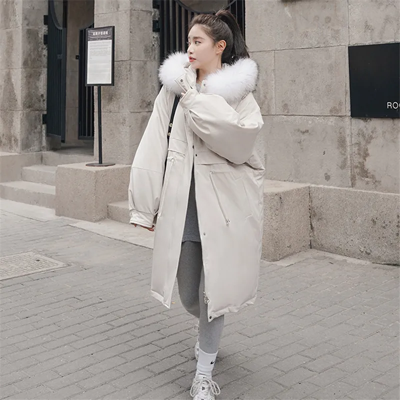 New Korean Style Down Cotton Coat Women Winter Solid Color Simple Loose Outer Wear Thickened Fur Collar Mid-length Jacket JD2020
