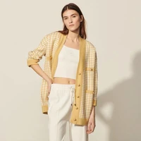 2021 spring and summer new womens youth houndstooth pattern v neck long sleeved knitted cardigan a00310