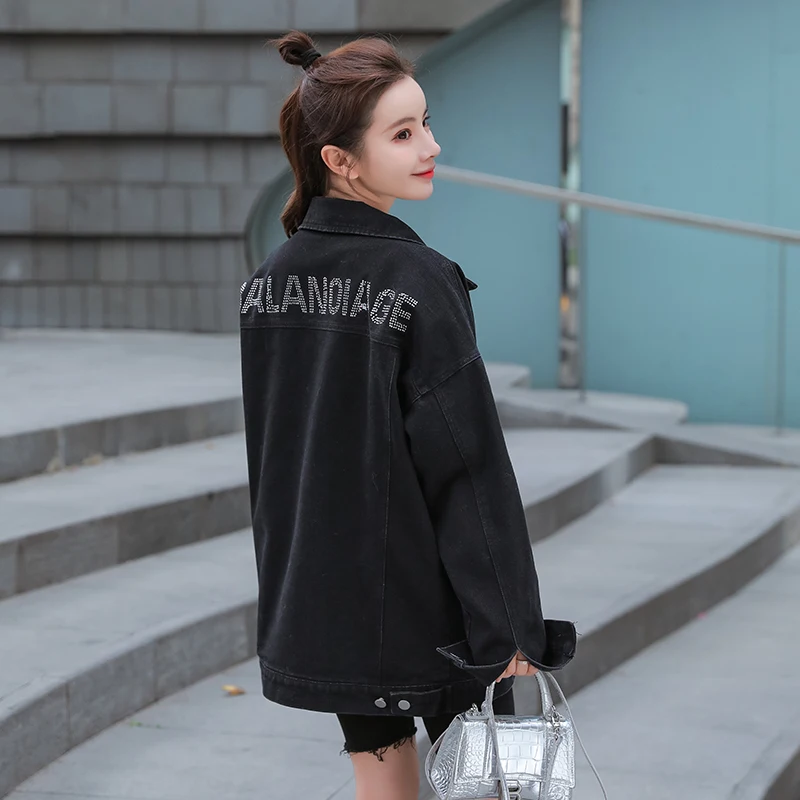 

Denim jacket women loose Korean style spring 2021 new fashion casual letters beaded black denim jacket