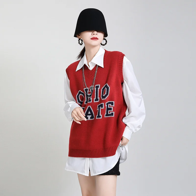 

UMI MAO Outer Wear Pullover Sweater Women 2021 Autumn New V-neck Vest Knit Female Letters Retro Stacking Ins Y2k Clothes